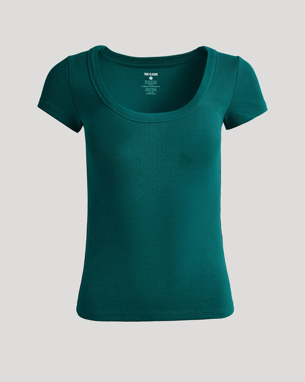 Womens Deep Emerald Ribbed U-Neck Tee displayed flat.