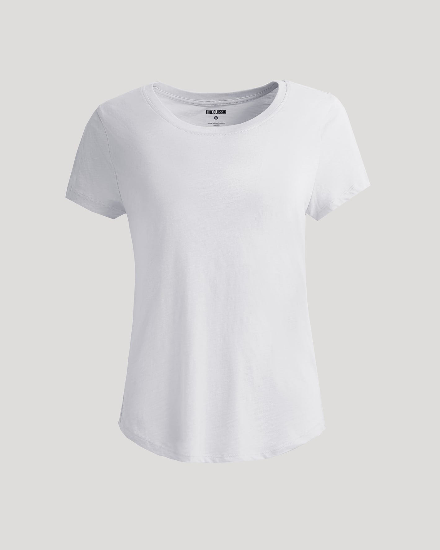 Womens White Slub Scoop Neck Tee with crew neckline displayed.
