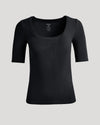 Womens Black Ribbed 3/4 Sleeve Scoop Neck Tee laid flat.