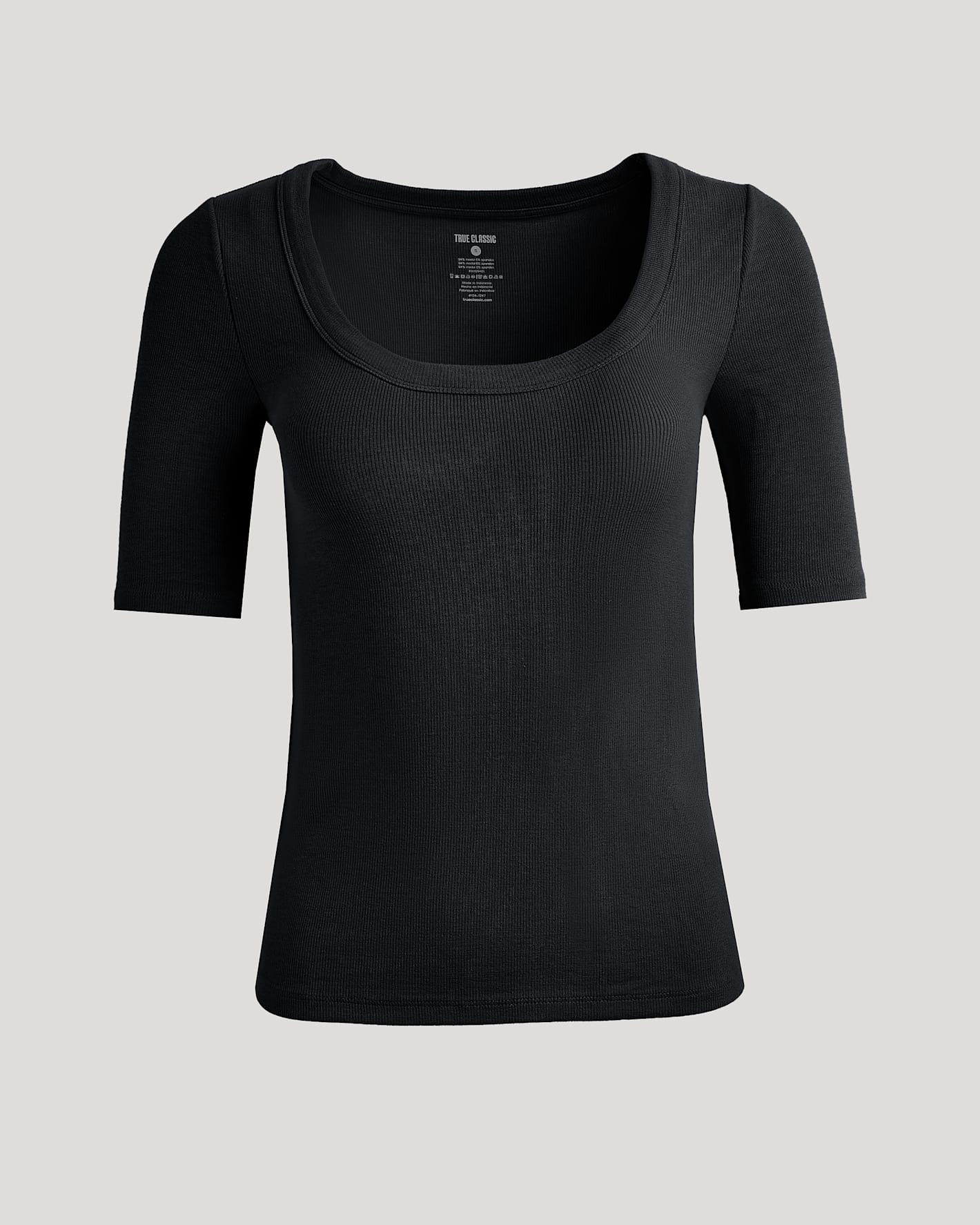 Womens Black Ribbed 3/4 Sleeve Scoop Neck Tee laid flat.