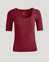 Womens Dark Maroon Ribbed 3/4 Sleeve Scoop Neck Tee displayed.