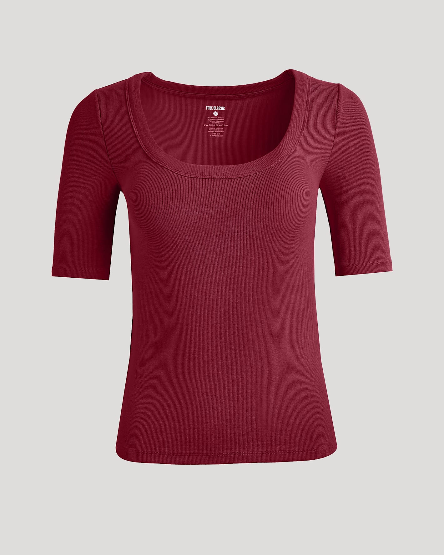 Womens Dark Maroon Ribbed 3/4 Sleeve Scoop Neck Tee displayed.