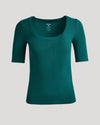 Womens Deep Emerald Ribbed 3/4 Sleeve Scoop Neck Tee with contoured fit.