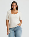 Womens Oatmeal Ribbed 3/4 Sleeve Scoop Neck Tee modeled.