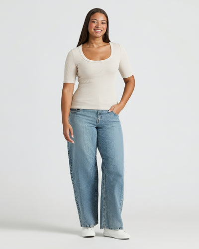 Ribbed 3/4 Sleeve Scoop Neck - Oatmeal