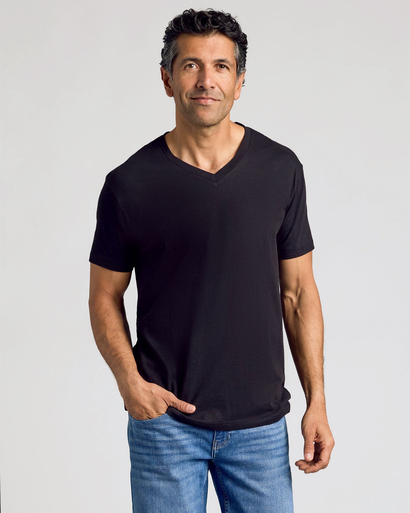 Black & White V-Neck 10-Pack shown on model in casual style.