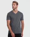 Man modeling Staple Short Sleeve V-Neck Tee in charcoal gray.
