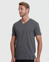 Man wearing Staple Short Sleeve V-Neck Tee in charcoal-gray.