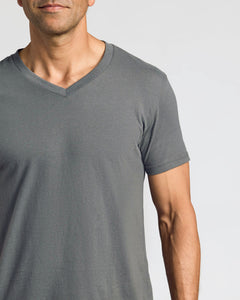 True ClassicEssential V-Neck Tee 3-Pack worn on upper torso, light gray background.
