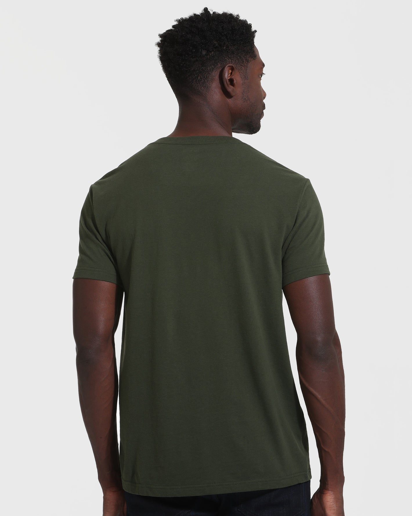 Back view of Dark Olive V Neck T Shirt on man.