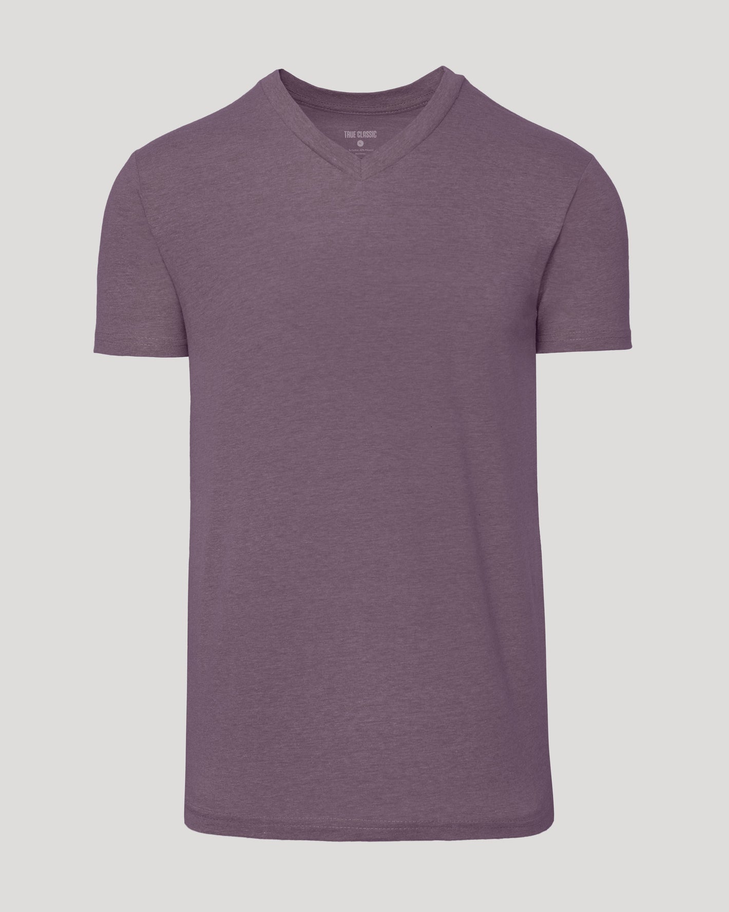 Dark Heather Amethyst Classic V-Neck T-shirt on gray background.