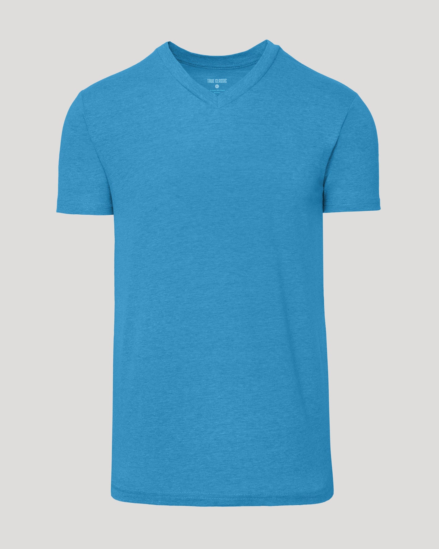 Dark Heather Bahama Blue Classic V-Neck, wrinkle-free, laid flat.