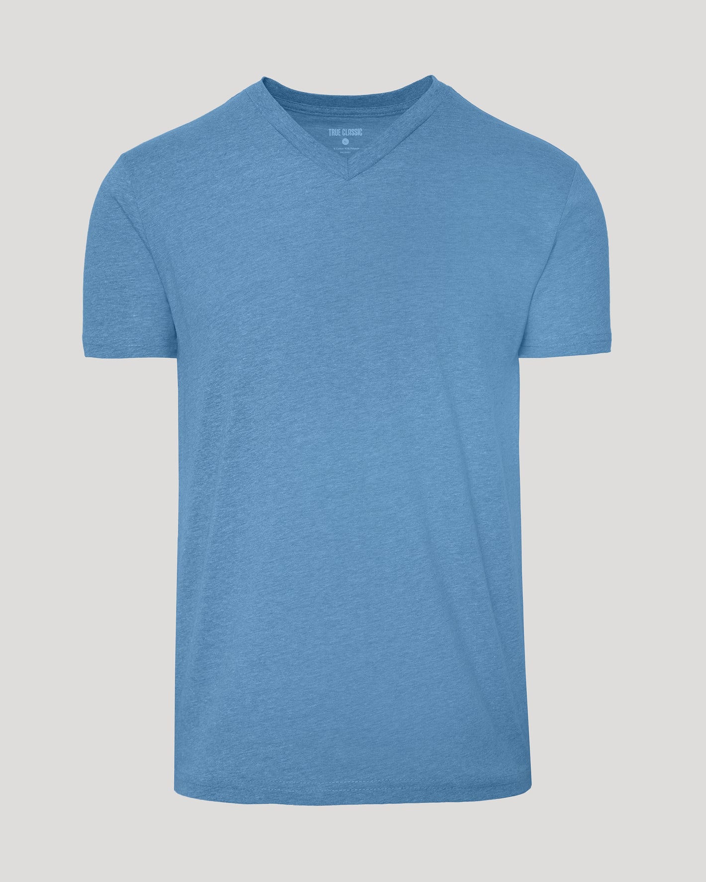 Dark Heather Blue Lake V Neck Tee laid flat, showcasing its premium fit.