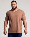 Man wearing Dark Heather Sepia Classic V-Neck T-shirt, relaxed pose.
