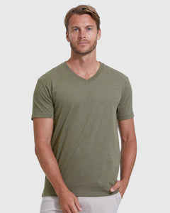 True ClassicHeathers V-Neck Tee 3-Pack modeled by man in olive green.