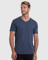 Heathers V-Neck Tee 3-Pack modeled in navy, showcasing fit and style.