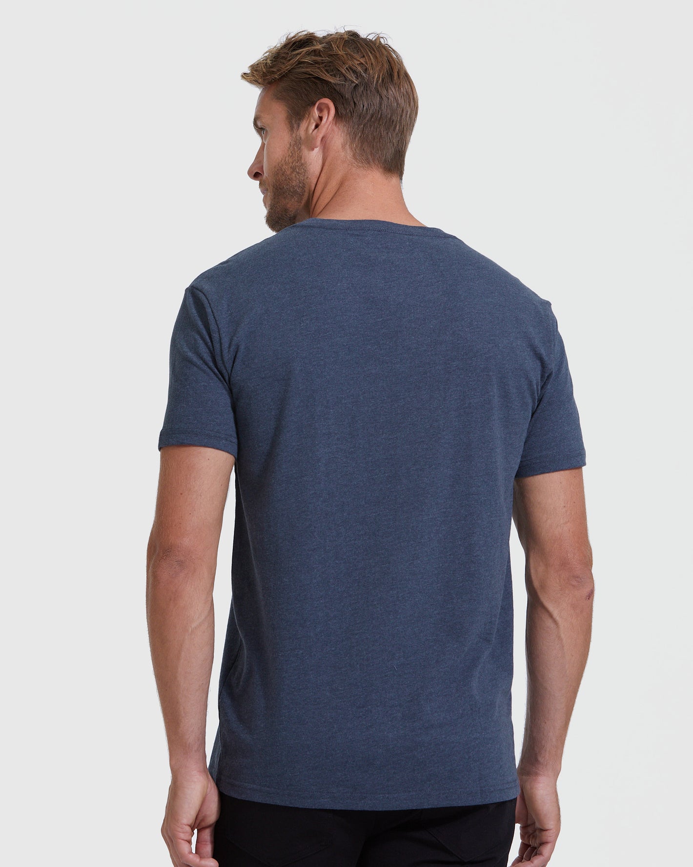 Man wearing Heathers V-Neck Tee 3-Pack, dark blue, short-sleeve, crew-neck.