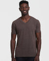 Man wearing Heather Dark Oak Classic V-Neck T-shirt, smiling.