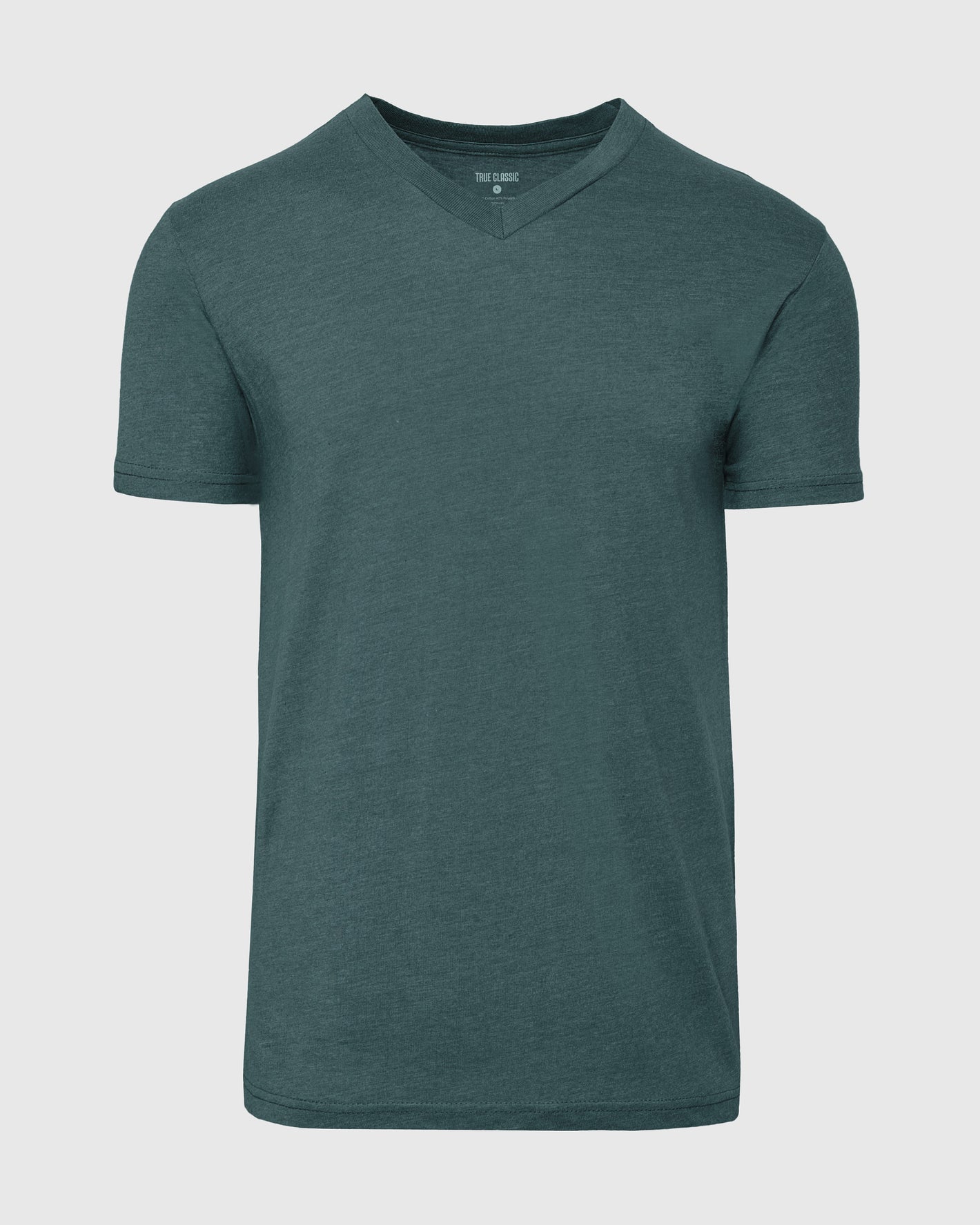 Heather Seafarer Classic V-Neck T-shirt in muted teal on a gray background.
