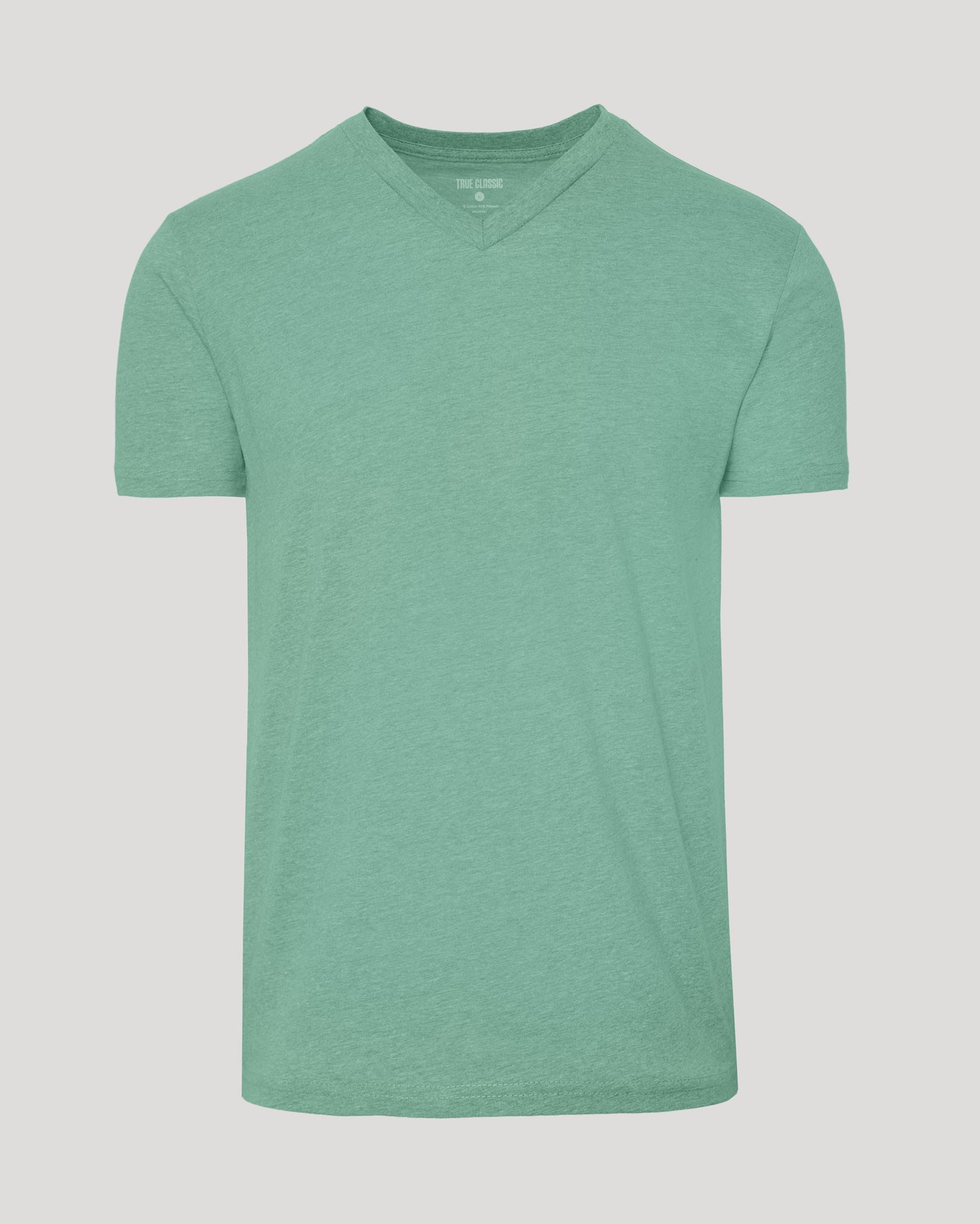 Light Heather Greenery Classic V-Neck, sea-foam green, short-sleeve, plain design.