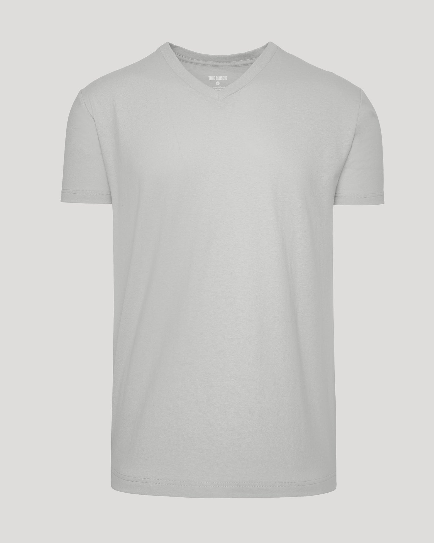 Steel Classic V-Neck, light-gray, short-sleeve, laid flat, front view.
