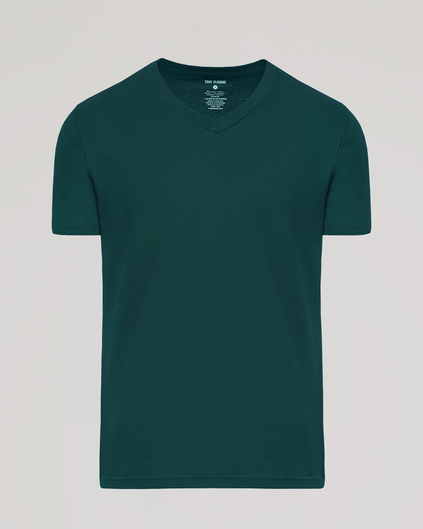 Viridian Classic V-Neck T-shirt showcasing a deep teal color with TRUE CLASSIC label.