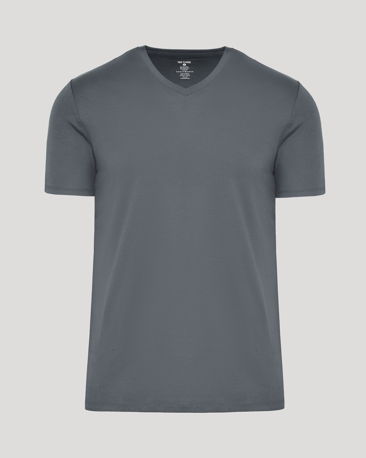 Carbon Premium Pima V-Neck, charcoal color, laid flat, showcasing tailored fit.