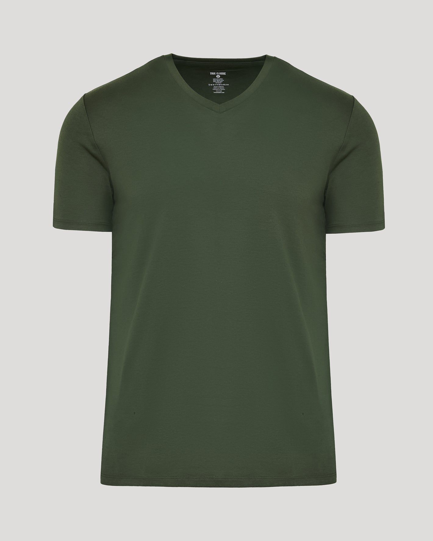 Grove Premium Pima V-Neck, dark olive, short-sleeve, silky texture.
