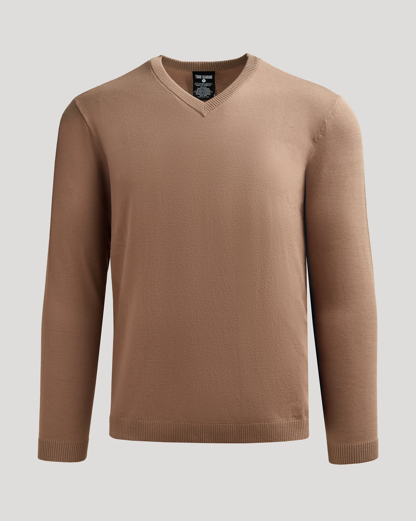 Truffle Dressy V-Neck Sweater, ultra-soft tan-brown knit with True Classic label.