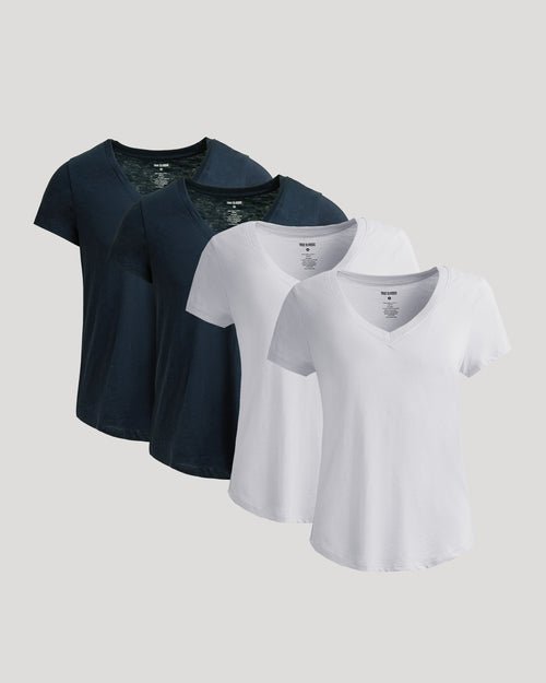 Womens Navy & White Relaxed Slub V-Neck Tee 4-Pack displayed.