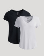 Womens Black & White Relaxed Slub V-Neck Tee 2-Pack