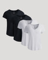 Womens Black & White Relaxed Slub V-Neck Tee 4-Pack displayed flat.