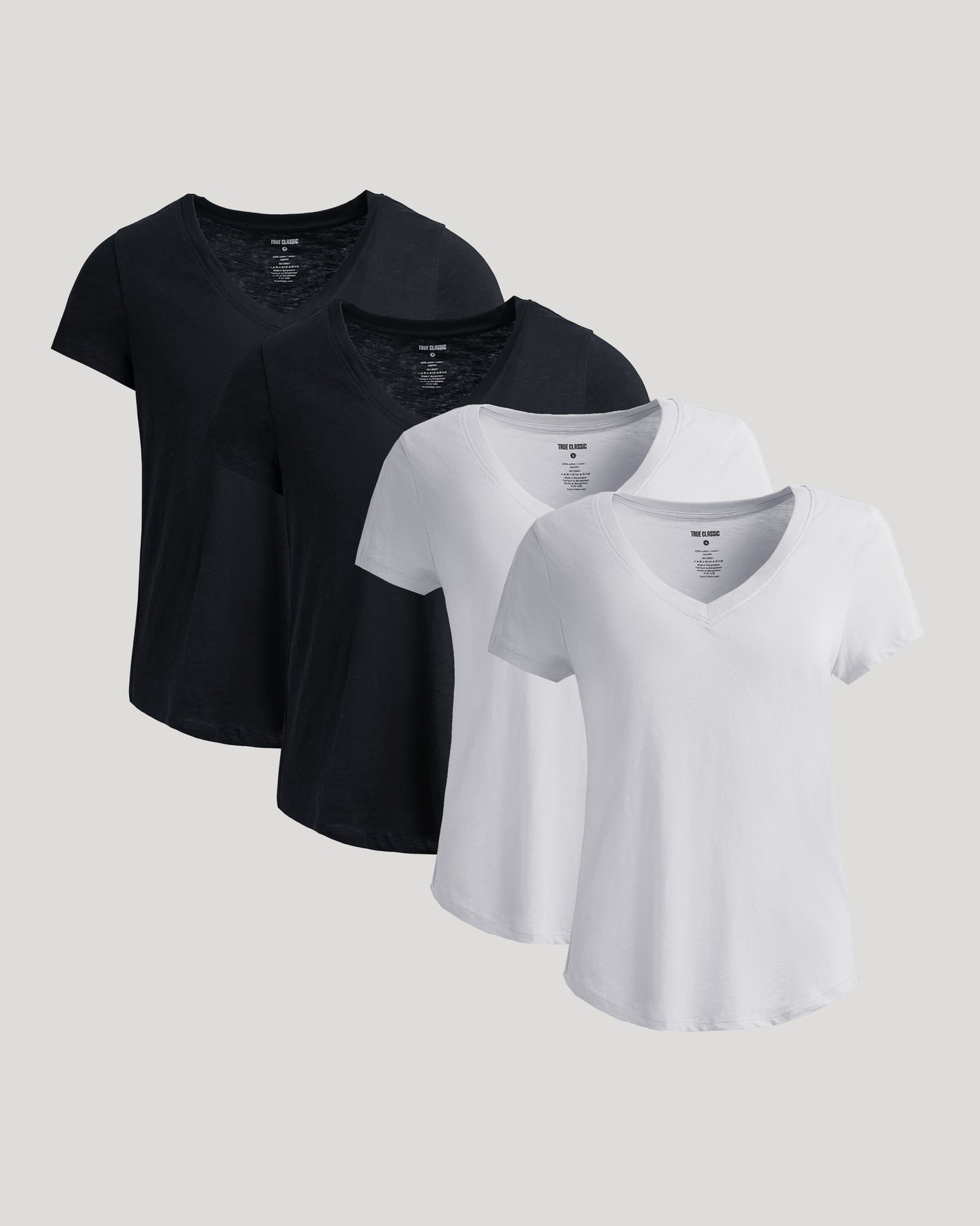 Womens Black & White Relaxed Slub V-Neck Tee 4-Pack displayed flat.