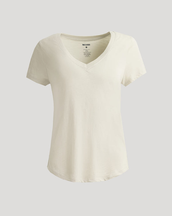 Womens Oatmeal Relaxed Slub V-Neck Tee, short-sleeved and comfy.