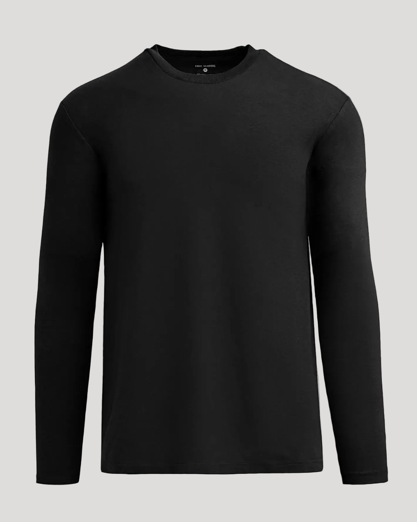 Black Classic Long Sleeve Crew Neck shirt on light grey background.