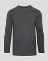 A dark gray long-sleeve crewneck shirt with a heathered texture, shown on a solid light gray background.