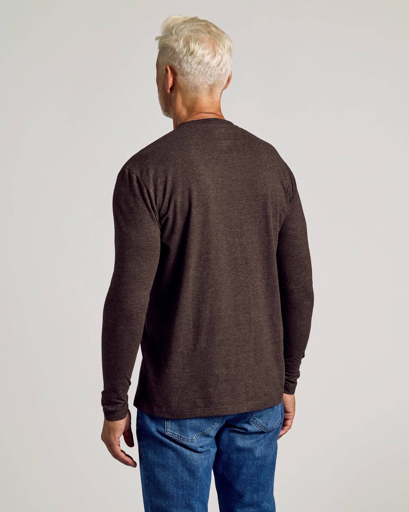 Dark Heather Cocoa Classic Long Sleeve Crew Neck worn by man from behind.