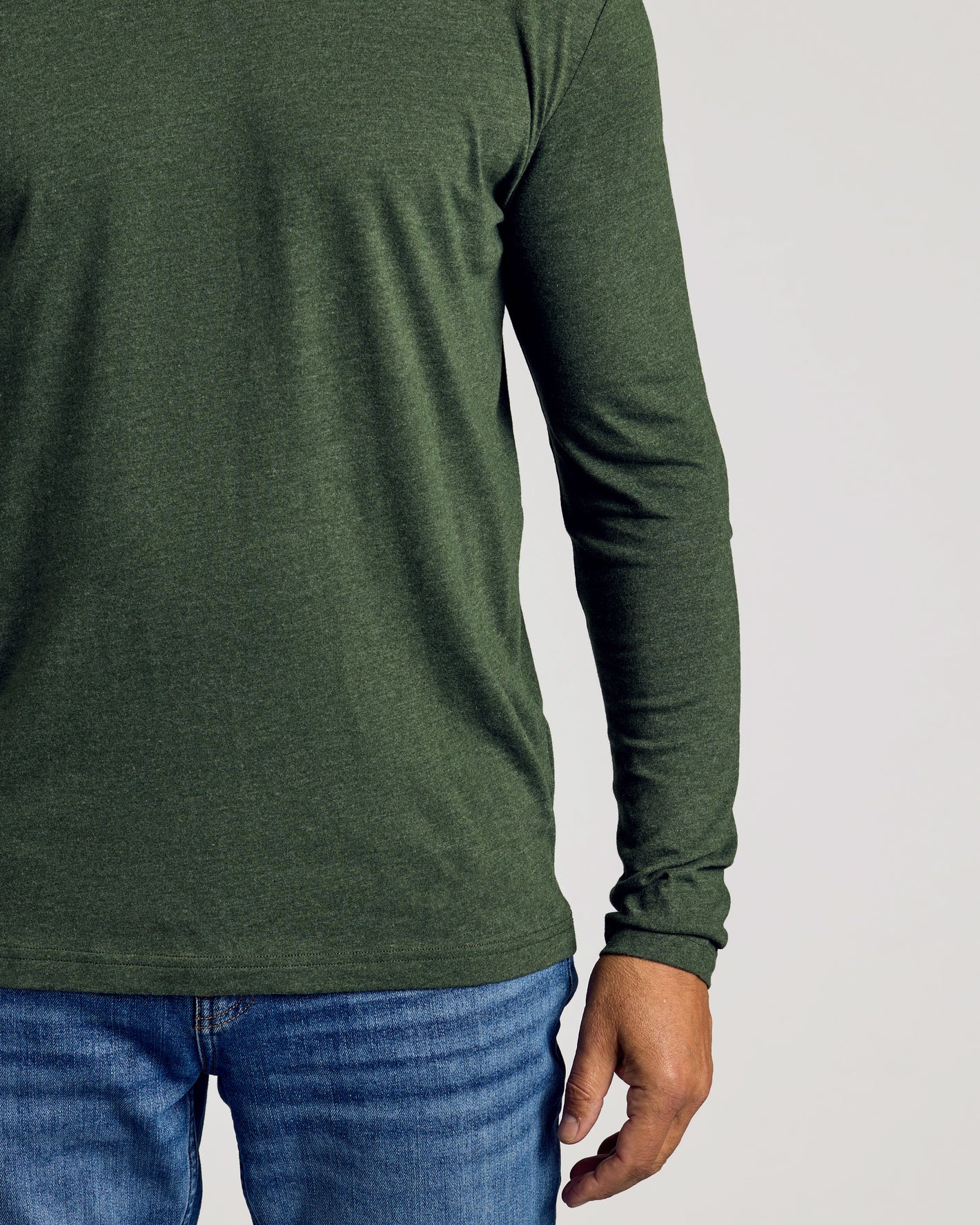 Dark Heather Olive Classic Long Sleeve Crew Neck on model's torso.