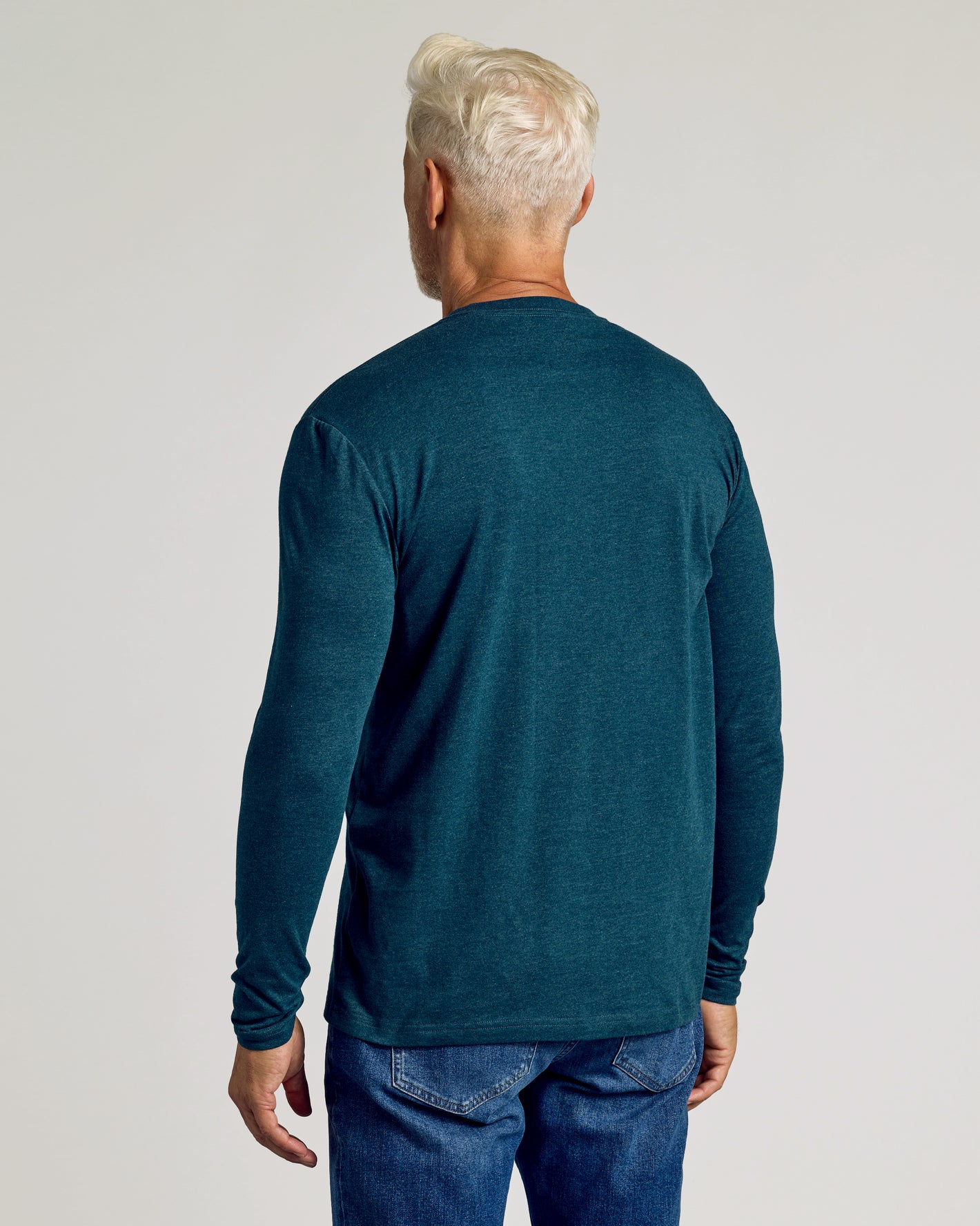 Dark Heather Pond Long Sleeve Crew Neck Tee worn from behind.