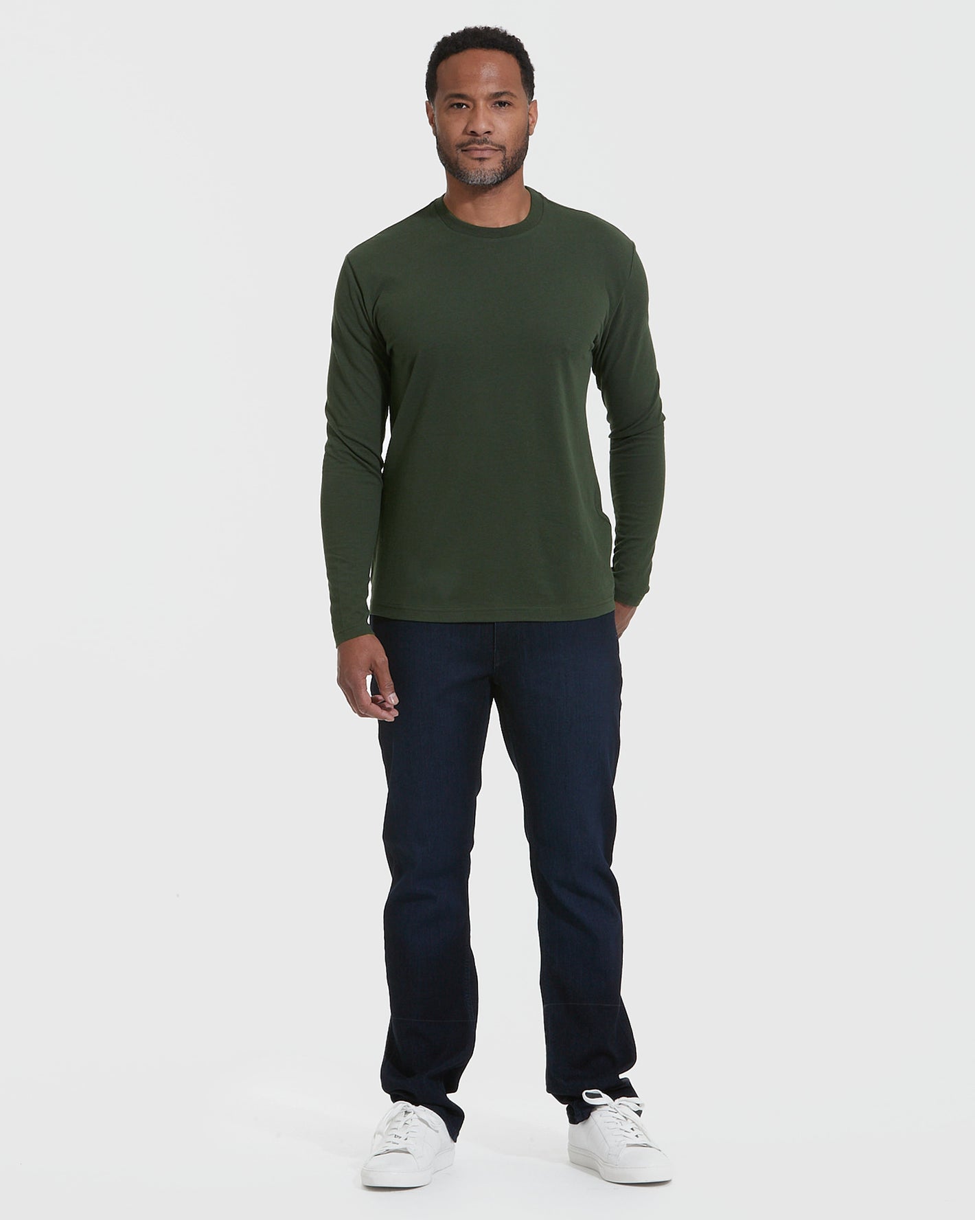 Man wearing Dark Olive Classic Long Sleeve Crew Neck.