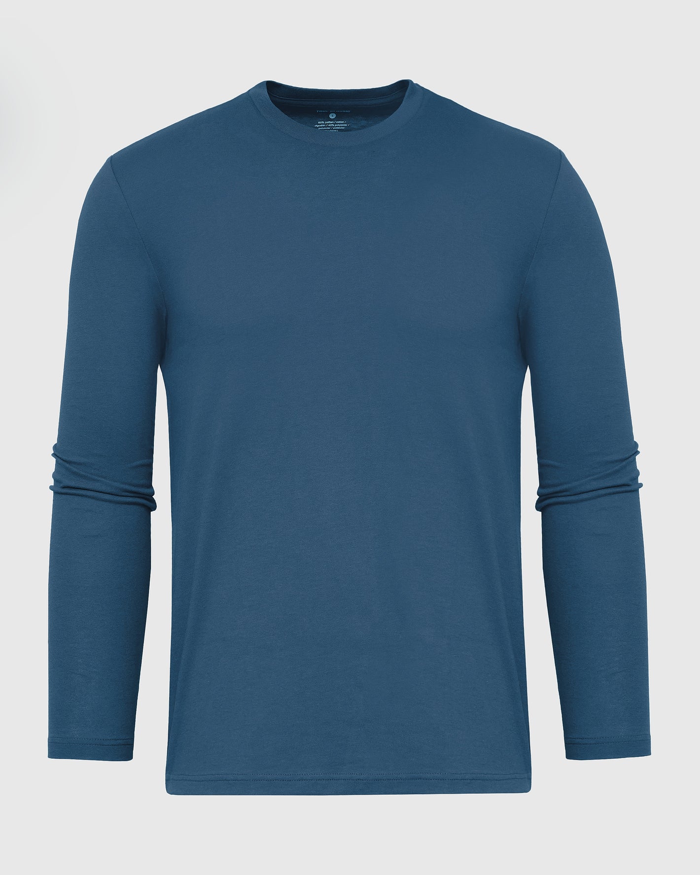 Deep Sea Blue Long Sleeve T Shirt laid flat, showing crew-neck design.