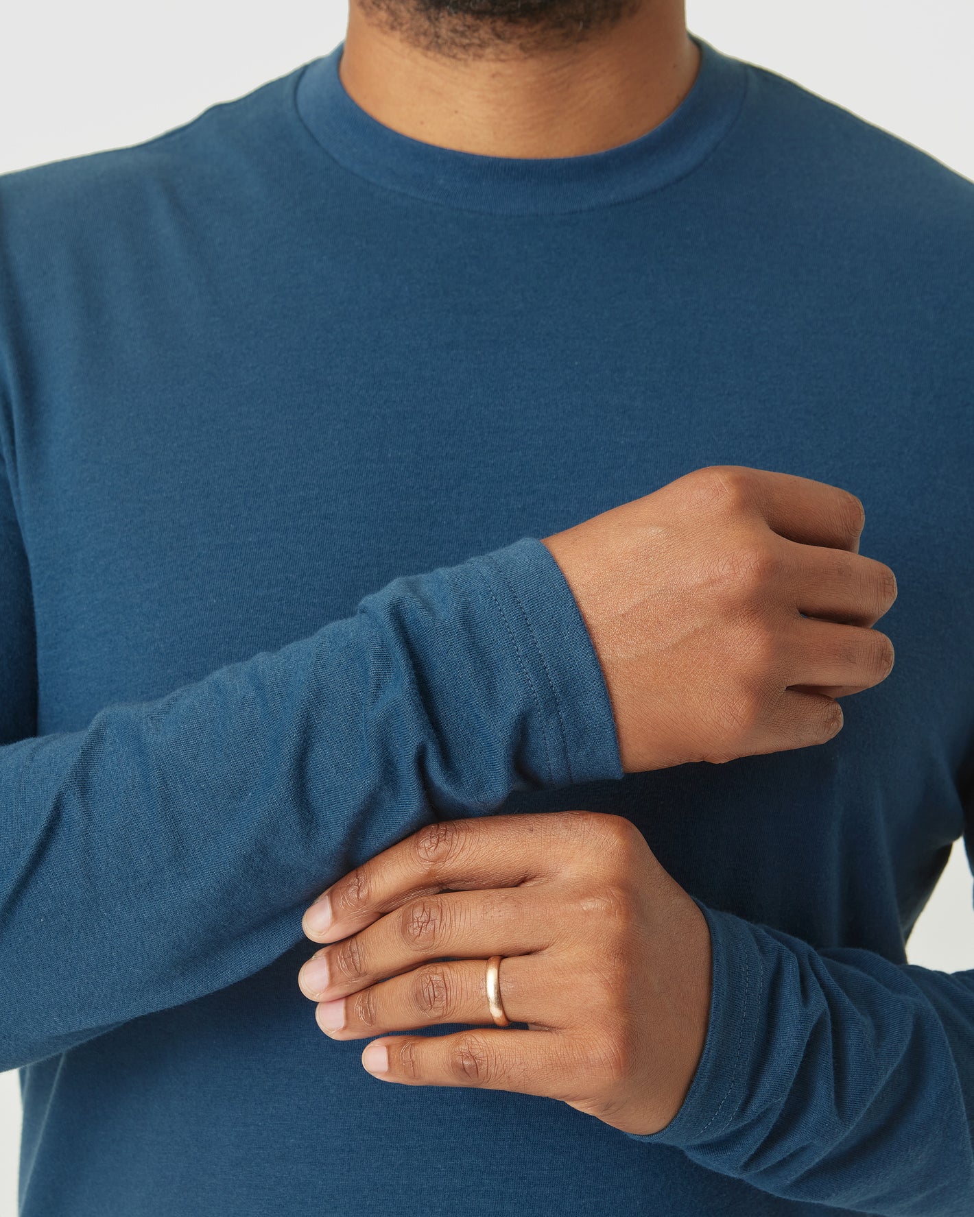 Deep Sea Blue Long Sleeve T-Shirt, close-up on sleeve adjustment.
