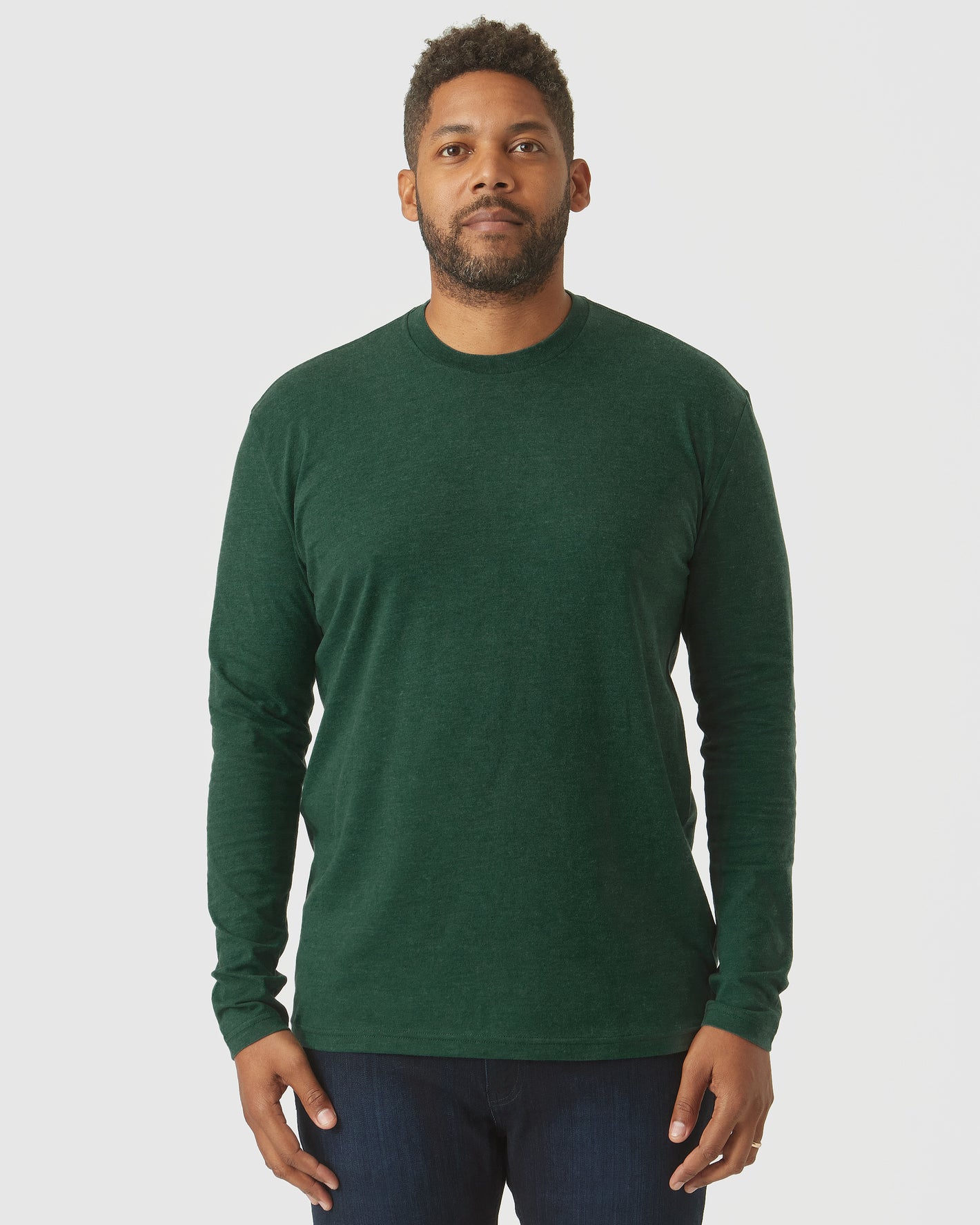 Ever Green Heather Long Sleeve T Shirt, worn by model, relaxed stance.