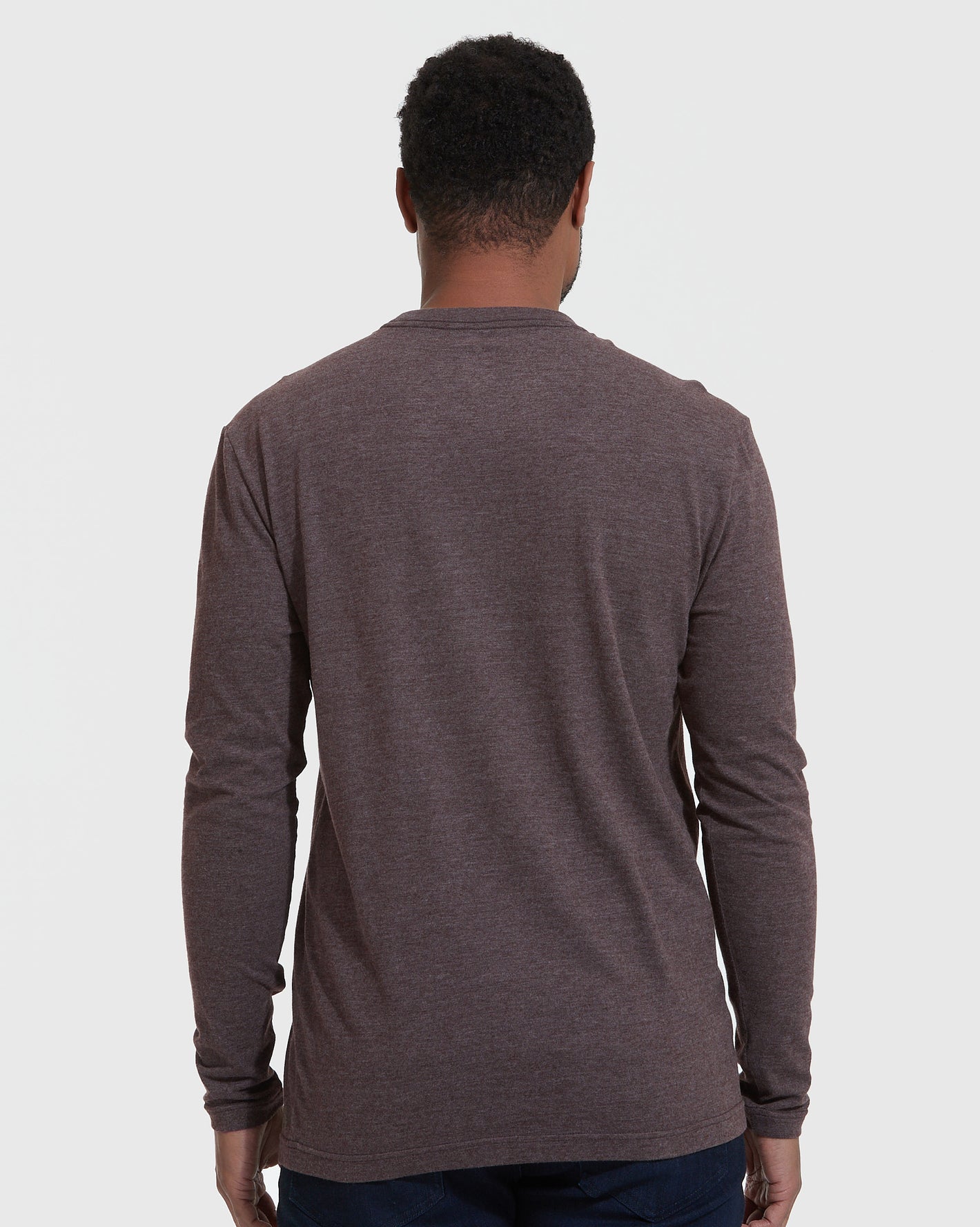 Heather Dark Oak Classic Long Sleeve Crew Neck worn by a standing model.