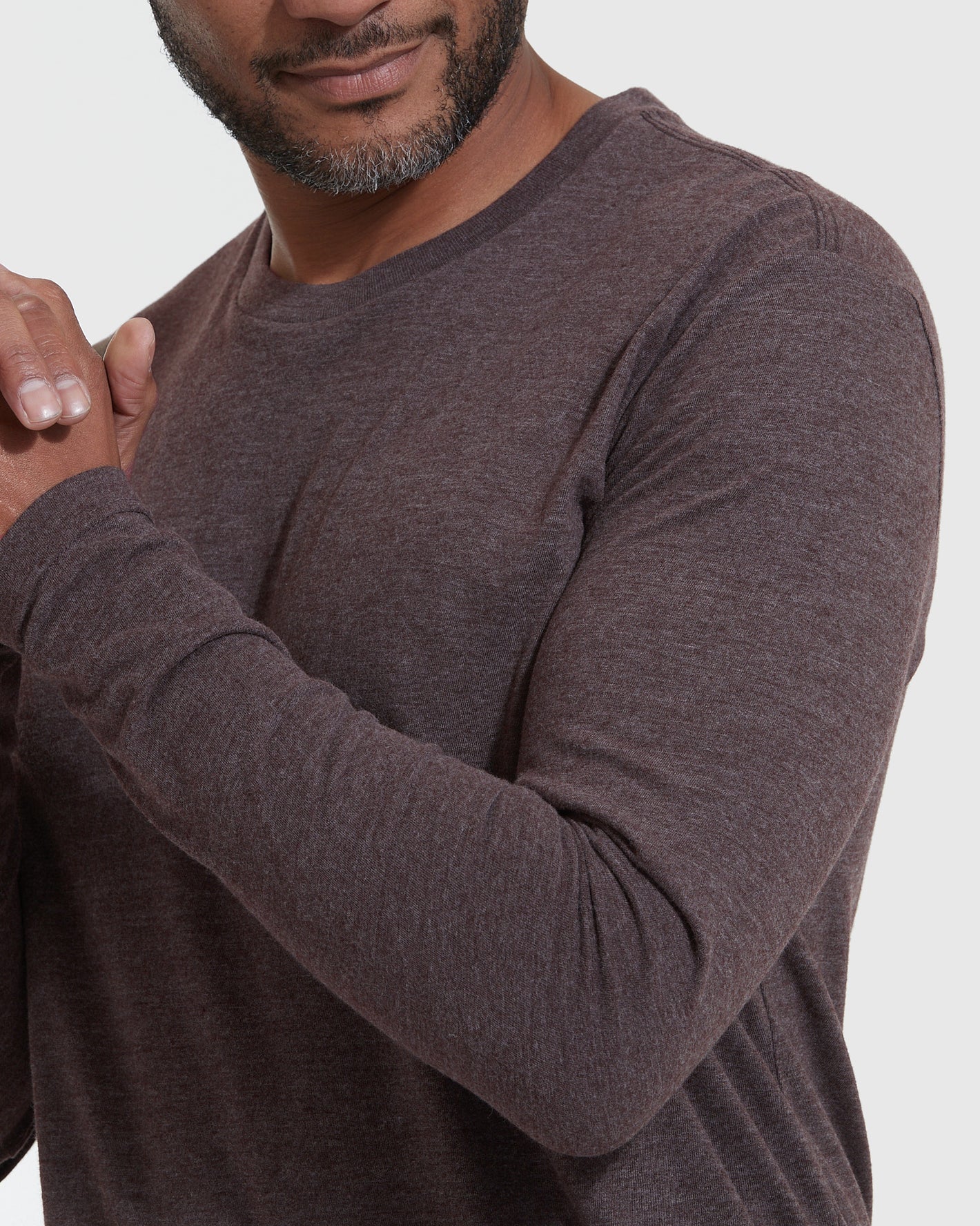 Heather Dark Oak Classic Long Sleeve Crew Neck on model's upper torso.