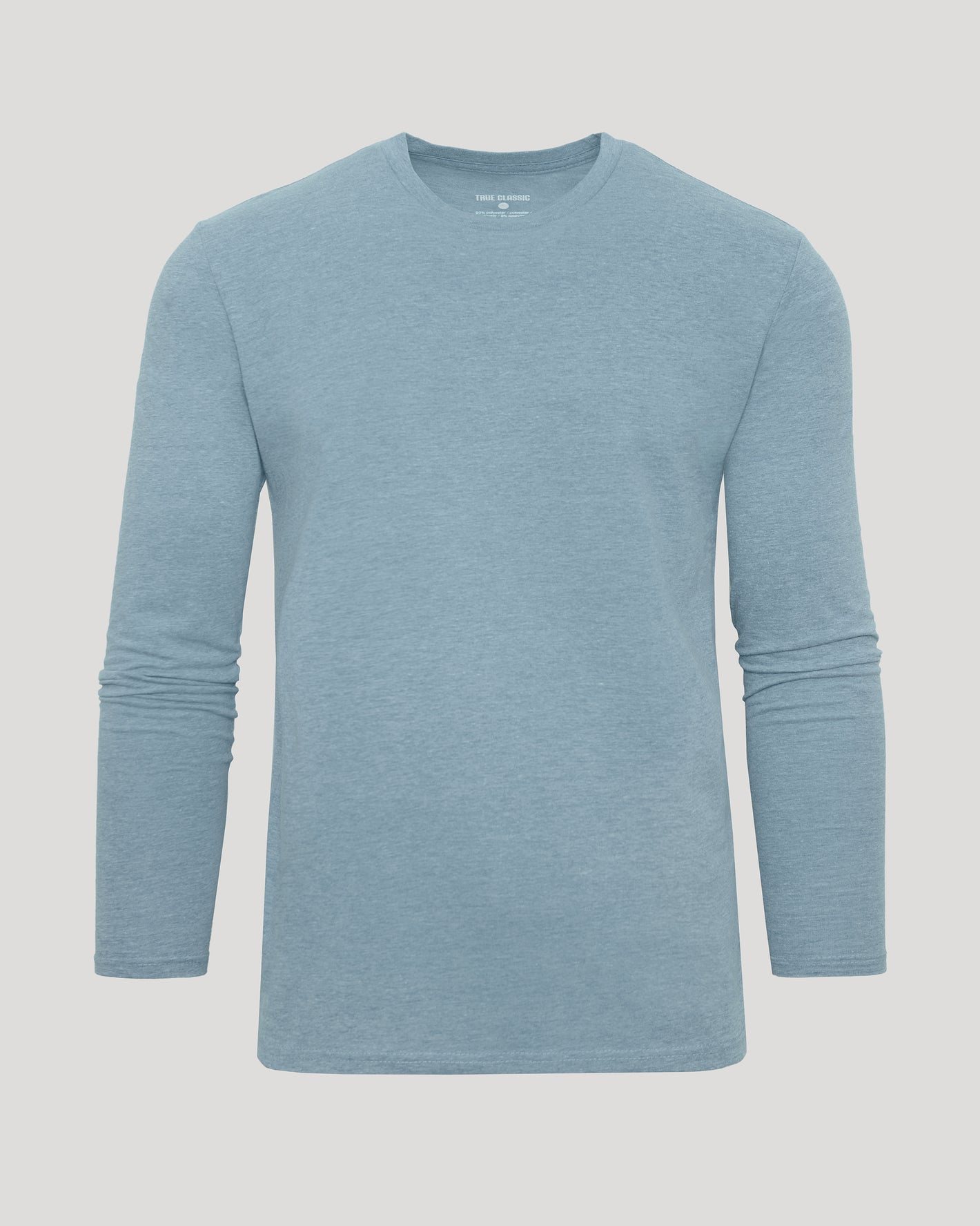 Heather Sapphire Classic Long Sleeve Crew Neck T-shirt laid flat.