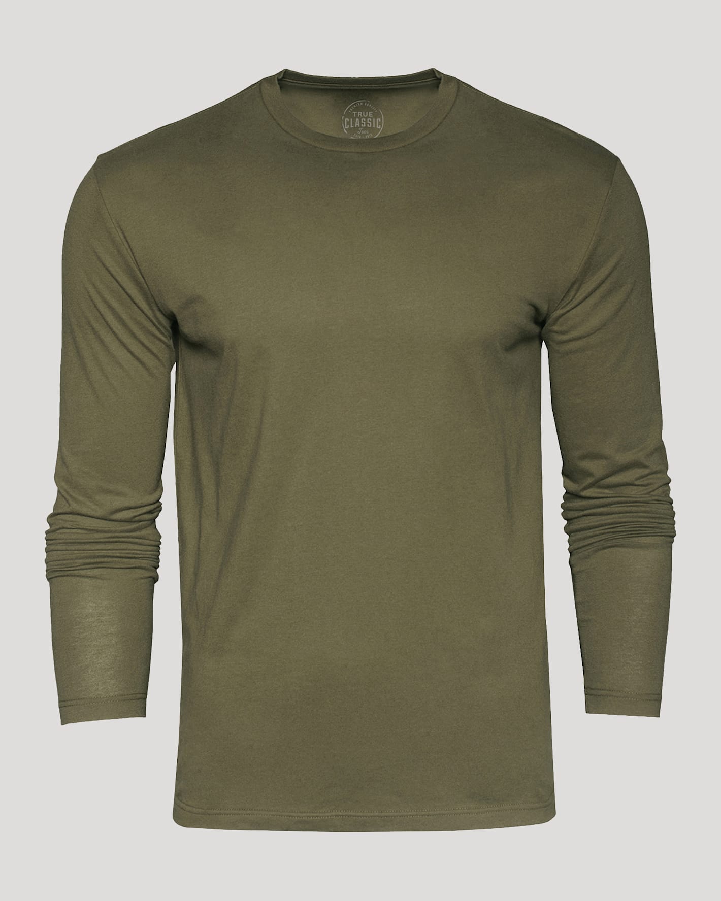 Military Green Classic Long Sleeve Crew Neck T-shirt, slim fit, screen-printed tag.