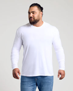 True ClassicMan in Classic Long Sleeve 3-Pack, white T-shirt, blue jeans.
