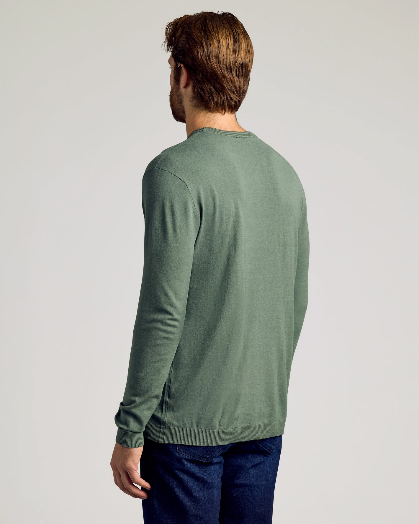 Back view of Dressy Crew Neck Sweater in moss green.