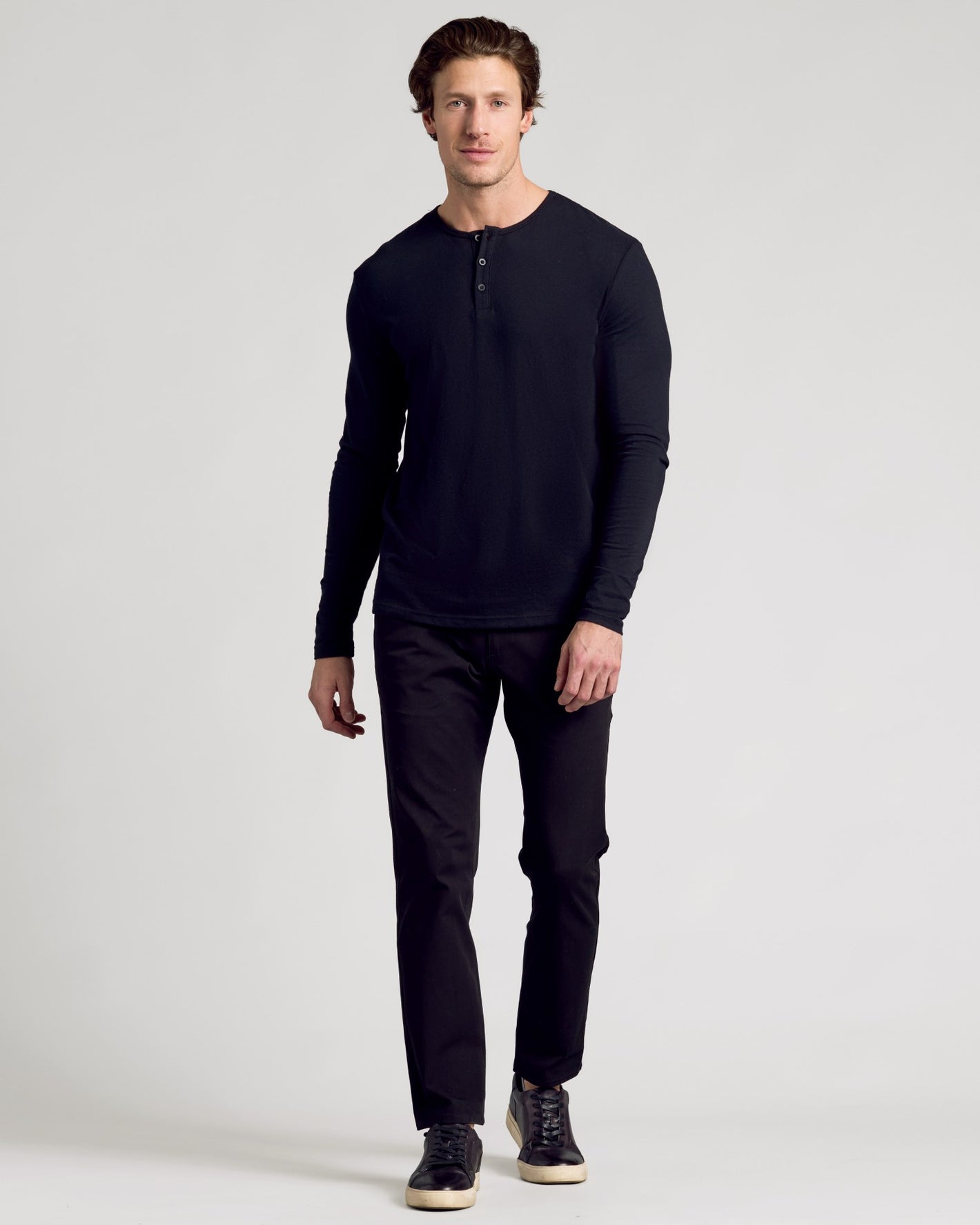 Man wearing All Black Classic Henley 3-Pack outfit.